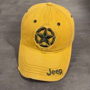 Jeep Hat Mens OSFA Yellow Distressed Star Patch Embroidered‎ Baseball Cap